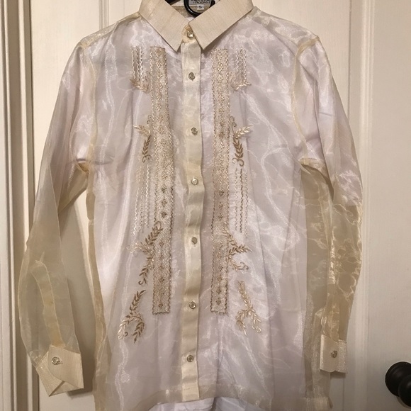 Plus size- Men’s Beige Pina Organza Barong Tagalog Full open with embroidery - Picture 8 of 11